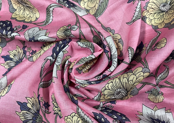 Pink Floral Printed Chanderi Silk Fabric
