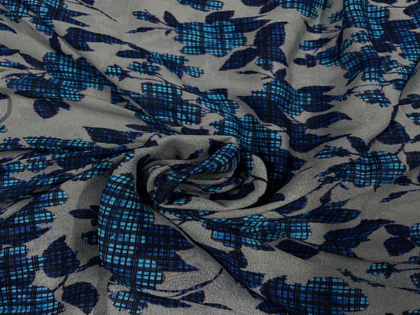 Dark Grey & Blue Abstract Georgette Fabric