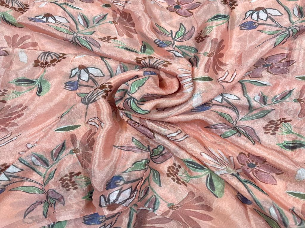 Peach Multicolour Floral Printed Pure Chiffon Fabric