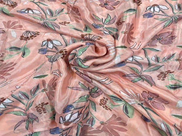 Peach Multicolour Floral Printed Pure Chiffon Fabric
