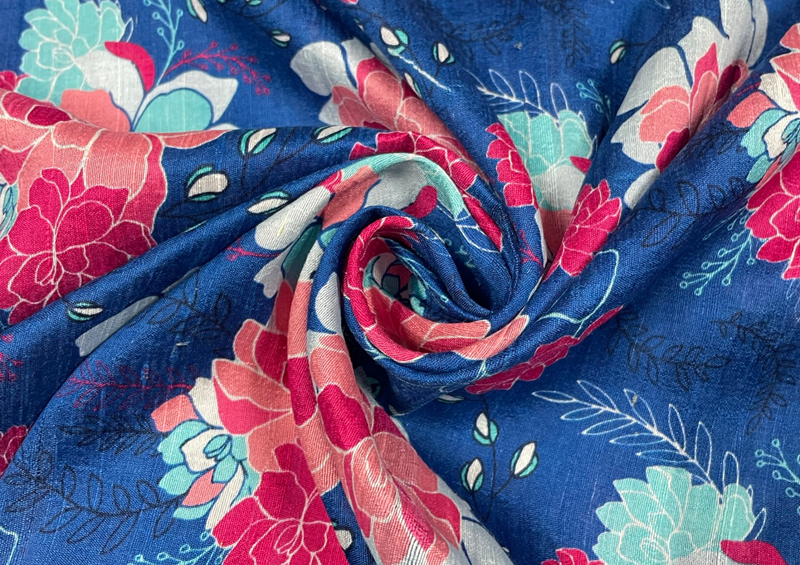 Pure Raw Silk Blue Red Floral