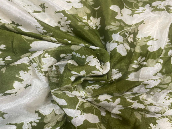 Mehendi Green White Floral Printed Pure Chiffon Fabric