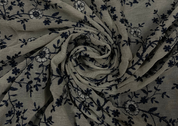 Off White & Black Floral Embroidered Semi Chiffon Fabric
