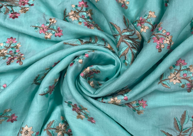 Embroidered Cotton Satin Sea Green Flowers
