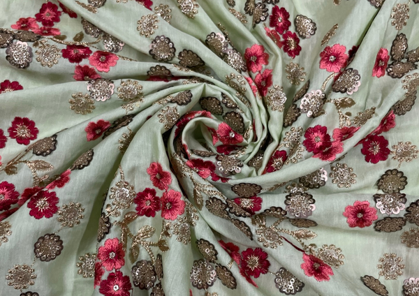 Mint Green Floral Embroidered Cotton Satin Fabric