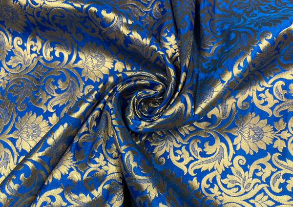 Blue & Golden Floral Pure Brocade Silk Fabric