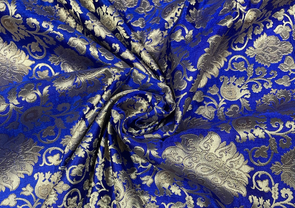 Navy Blue & Golden Floral Pure Brocade Silk Fabric