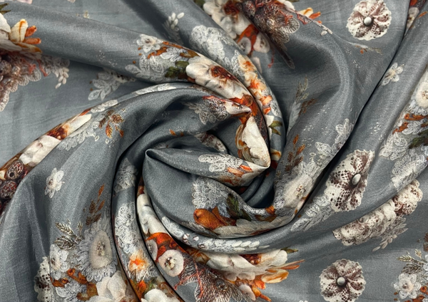 Grey Floral Printed Habutai Silk Fabric