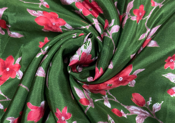 Dark Green Floral Printed Habutai Silk Fabric