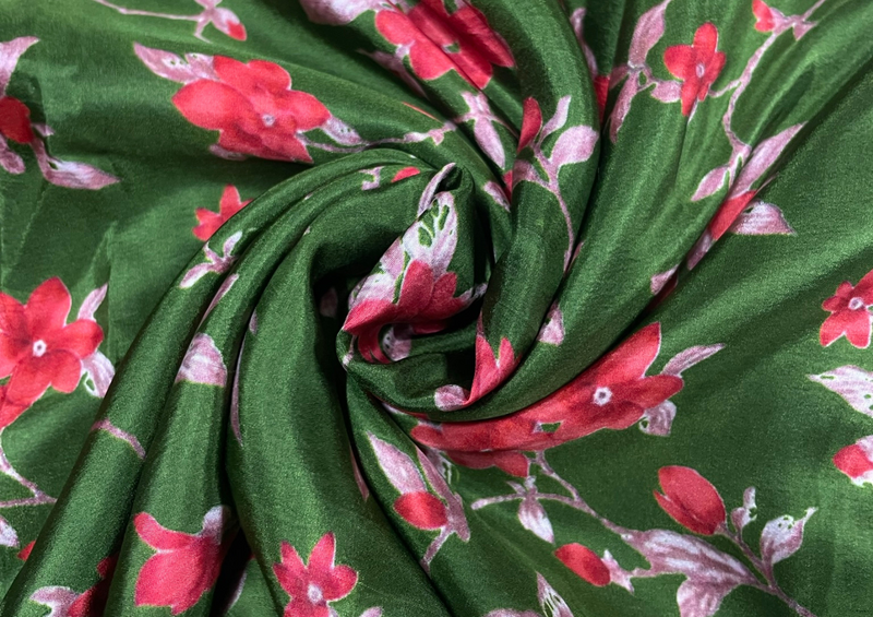 Pure Habutai Silk Dark Green Red Floral