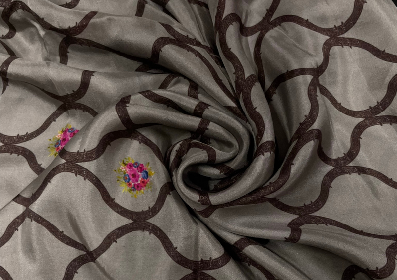 Pure Habutai Silk Mink Grey Floral Motifs