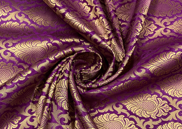 Dark Purple & Golden Traditional Semi Brocade Viscose Fabric