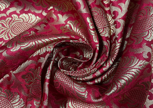 Red & Golden Tradtional Semi Brocade Viscose Fabric